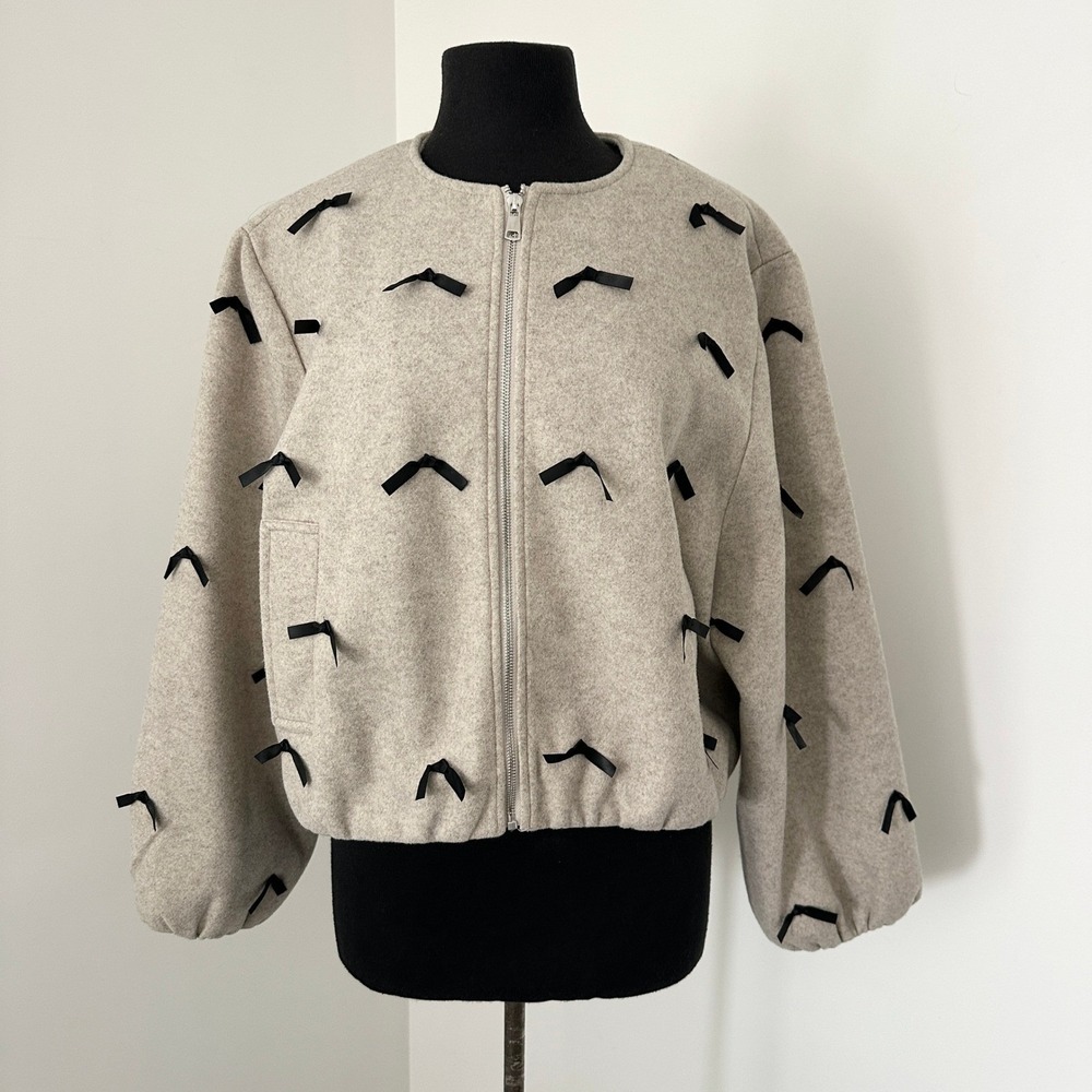 Bohme Ribbon Bow Bomber Jacket Women XL Beige Balloon Sleeve Leona Coquette‎